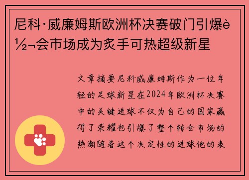 尼科·威廉姆斯欧洲杯决赛破门引爆转会市场成为炙手可热超级新星