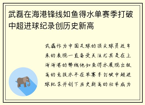 武磊在海港锋线如鱼得水单赛季打破中超进球纪录创历史新高